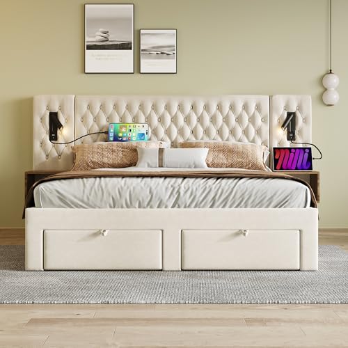 Polsterbett 160×200 cm Bettanlage Schlafzimmer Komplett Set mit 2 Nachttischen und 4 Schubladen Kopfteil Leselicht mit USB Ladefunktion Beige Samt Ohne Matratze Polsterbett 160×200 cm Bettanlage Schlafzimmer Komplett Set mit 2 Nachttischen und 4 Schubladen Kopfteil Leselicht mit USB Ladefunktion Beige Samt Ohne Matratze von SACOOL
