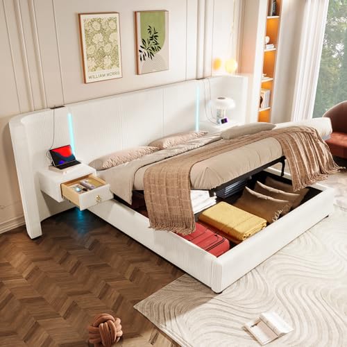 Polsterbett 180 x 200 cm Ohne Matratze Hydraulischer Stauraum 2 Schubladen USB Type-C Samt Beige von SACOOL