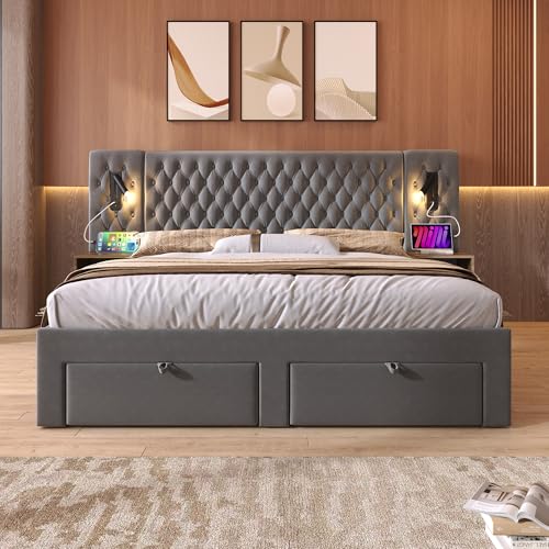 Polsterbett Doppelbett 160×200 cm Bettanlage Schlafzimmer Komplett Set mit 2 Nachttischen und 4 Schubladen Kopfteil Leselicht mit USB Ladefunktion Grau Samt Ohne Matratze Polsterbett Doppelbett 160×200 cm Bettanlage Schlafzimmer Komplett Set mit 2 Nachttischen und 4 Schubladen Kopfteil Leselicht mit USB Ladefunktion Grau Samt Ohne Matratze von SACOOL