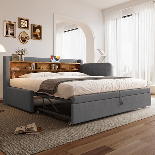 SACOOL Daybett 90 * 200cm (180 x 200 cm) Tagesbett Schlafsofa multifunktionales Ausziehbett-Design USB + Typ C mehrere Ablageflächen Bett mit Lattenrost (ohne Matratze) Leinen Grau von SACOOL