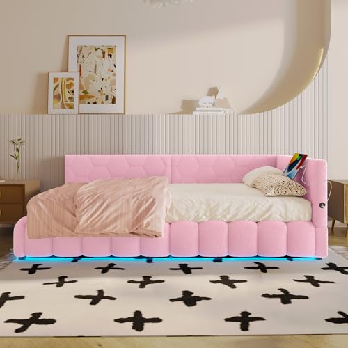 SACOOL Daybett 90 x 200 cm Tagesbett Schlafsofa Bett mit Lattenrost ohne Matratze LED-Lichtleiste Hydraulischer Hebemechanismus USB-Anschluss Typ-C Komfortmaterial Vliesimitat Rosa von SACOOL