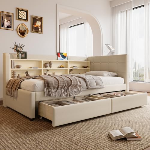SACOOL Daybett Schlafsofa 90 * 200cm mit 2 Schubladen USB Typ C Mehreren Ablagefächern Bett mit Lattenrost ohne Matratze Leinen beige von SACOOL