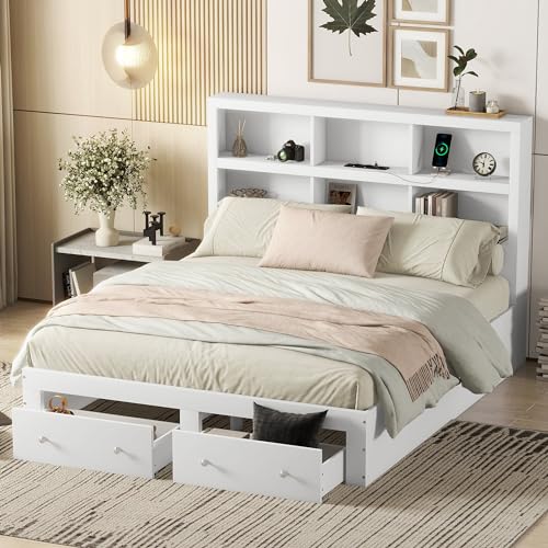 SACOOL Doppelbett 160 x 200 cm Spanplatte Kingsize Plattformbett mit Stauraum Kopfteil und Zwei Schubladen am Fußende Weiß Ohne Matratze von SACOOL