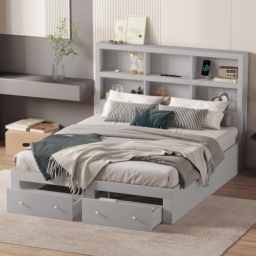 SACOOL Doppelbett 160 x 200 cm Spanplatte mit Kopfteil mit Stauraum und Zwei Schubladen am Fußende Grau Ohne Matratze von SACOOL