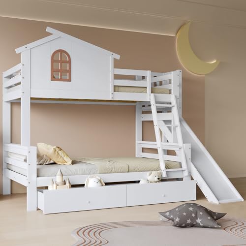 SACOOL Etagenbett 90x200 120x200 mit charakteristischen Fenstern vierstufiger Kipptreppe Kinder Mutterbett Rutsche Zwei Schubladen Bettrahmen aus Massivholz Weiß SACOOL Etagenbett 90x200 120x200 mit charakteristischen Fenstern vierstufiger Kipptreppe Kinder Mutterbett Rutsche Zwei Schubladen Bettrahmen aus Massivholz Weiß von SACOOL