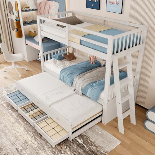 SACOOL Etagenbett 90x200cm Kinderbett Hausbett für Mädchen und Jungen Bettgestell aus Kiefernholz und MDF mit Leiter und ausziehbarem Bett und 3 Schubladen Ohne Matratze Weiß von SACOOL