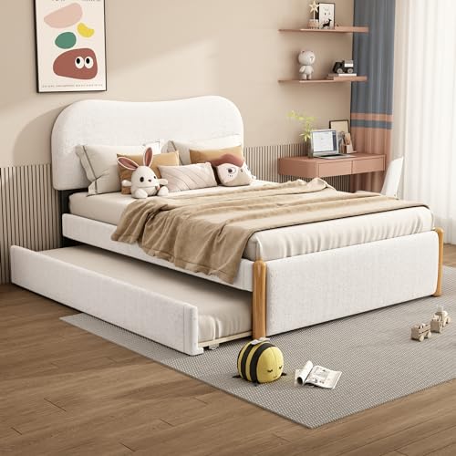 SACOOL Flachbett 140 * 200cm Gepolstert Mit Praktischem Ausziehbares Rollbett Minimalistische Formgebung Weiß von SACOOL