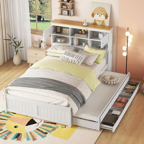 SACOOL Flachbett 140 * 200cm Mit Mehreren Staufächern am Kopfende Ausgestattet Mit Ausziehbares Rollbett DREI Schubladen Weiß von SACOOL