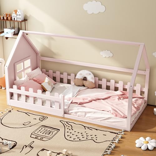 SACOOL Flachbett 90 * 200cm Kinderbett Hausleiste Rosa von SACOOL