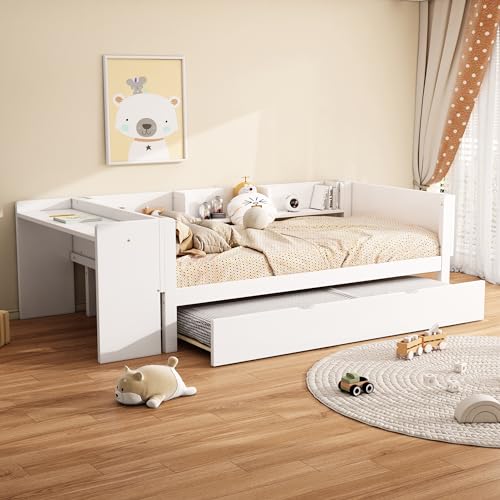 SACOOL Flachbett 90 * 200cm mit ausziehbarem Bett mit Schreibtisch DREI Regale an der Seite des Bettes Weiß von SACOOL