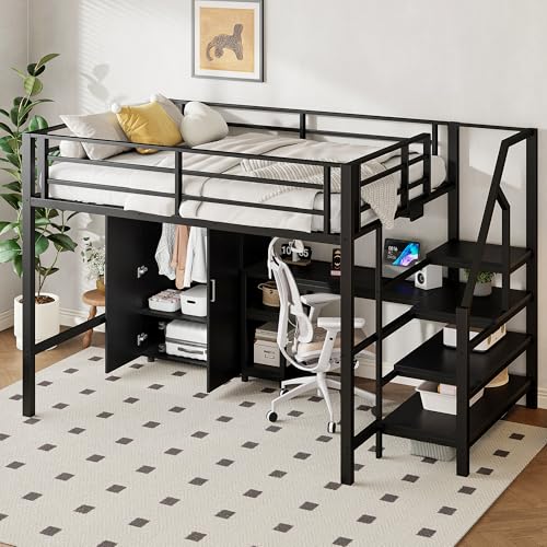 SACOOL Hochbett 140 * 200cm Kleiderschrank Regale Ablageleiter Schreibtisch ohne Matratze Schwarz von SACOOL