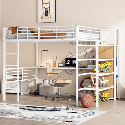 SACOOL Hochbett 140 * 200cm Ohne Matratze Schreibtisch Offener Kleiderschrank Stufentreppe zur Aufbewahrung Eisenrahmen Weiß von SACOOL
