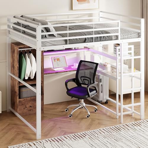 SACOOL Hochbett 140x200cm Metallbett Mit LED-Leuchten Schreibtisch 1 Schubladen Regale Geländer Treppe ohne Matratze Weiß SACOOL Hochbett 140x200cm Metallbett Mit LED-Leuchten Schreibtisch 1 Schubladen Regale Geländer Treppe ohne Matratze Weiß von SACOOL