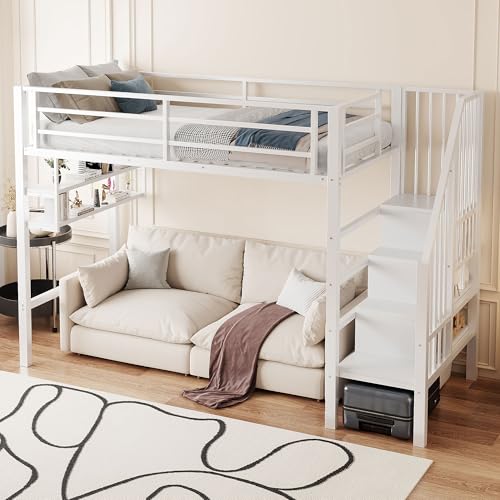 SACOOL Hochbett 90 * 200cm Einlegeböden Stauraumleiter Freiraum unter dem Bett zum Verkleiden Geländer ohne Matratze Weiß von SACOOL