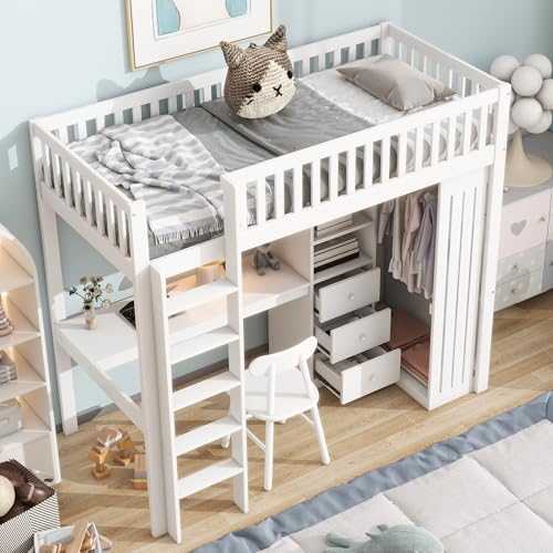 SACOOL Hochbett 90 * 200cm Schreibtisch Kleiderschrank 3 Schubladen offener Stauraum Geländer Treppe Ohne Matratze Weiß von SACOOL