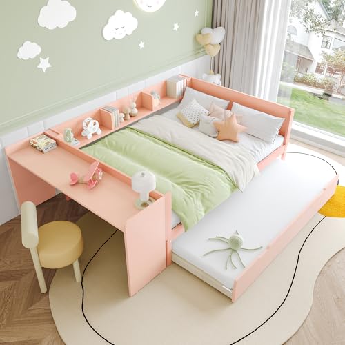 SACOOL Holzbett Flachbett 140x200cm mit Schreibtisch Rollbett Doppelbett ohne Matratze mit Regalen Kiefer Spanplatte Rosa von SACOOL