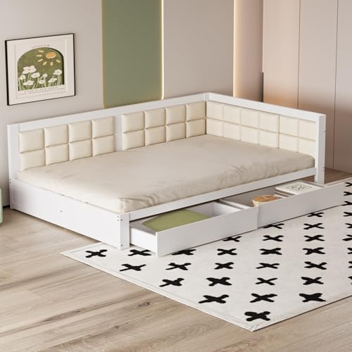 SACOOL Holzbett Sofa 140x200 Multifunktionsbett Weiche Rückenlehnenform Große Stauraumschubladen Lattenrost Einzelbett Kiefer weiß von SACOOL