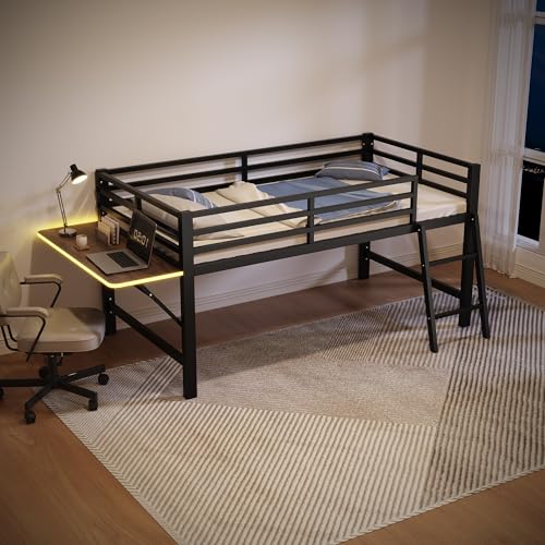 SACOOL Metallbett 90 x 200 cm Flachbett Ohne Matratze Geländer Leiter Schreibtisch Ferngesteuertes LED-Lichtband Schwarz von SACOOL