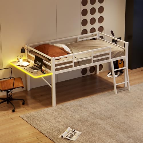 SACOOL Metallbett 90 x 200 cm Flachbett Ohne Matratze Geländer Leiter Schreibtisch Ferngesteuertes LED-Lichtband Weiß von SACOOL