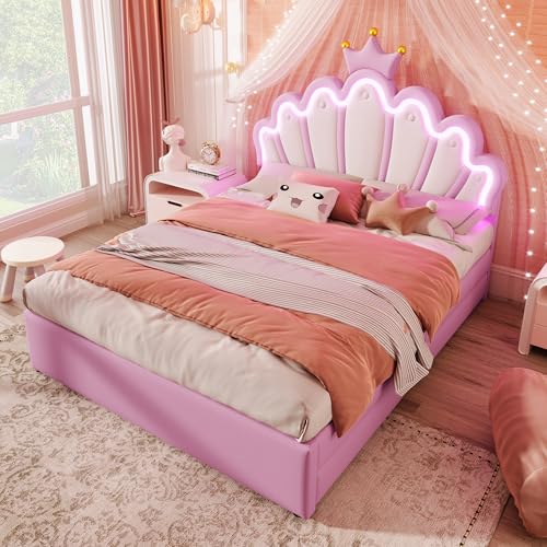 SACOOL Polsterbett 140 x 200 cm Ohne Matratze Ferngesteuertes Ambientelicht Bett mit 2 Schubladen Prinzessinnenbett in Kronenform Verstellbares Kopfteil PU Rosa SACOOL Polsterbett 140 x 200 cm Ohne Matratze Ferngesteuertes Ambientelicht Bett mit 2 Schubladen Prinzessinnenbett in Kronenform Verstellbares Kopfteil PU Rosa von SACOOL