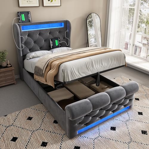 SACOOL Polsterbett 90x200 cm Stauraum-Kopfteil USB Typ-C Hydraulisch Grau Samt Matratze Einzelbett Modern von SACOOL