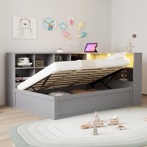 SACOOL Schlafsofa 90 * 200 mit Mehrfachsteckdose Mehreren Staufächern Lichtleiste hydraulisches Bett Massivholzbett Einzelbett multifunktionales Holzbett Grau von SACOOL