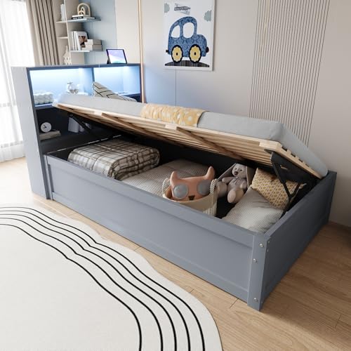 SACOOL Schlafsofa 90 * 200 mit Mehrfachsteckdose Mehreren Staufächern Lichtleiste hydraulisches Bett Massivholzbett Einzelbett multifunktionales Holzbett Grau von SACOOL