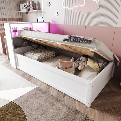 SACOOL Schlafsofa 90 * 200 mit Mehrfachsteckdose mit Mehreren Staufächern mit Lichtleiste hydraulisches Bett Massivholzbett Einzelbett multifunktionales Holzbett Weiß von SACOOL