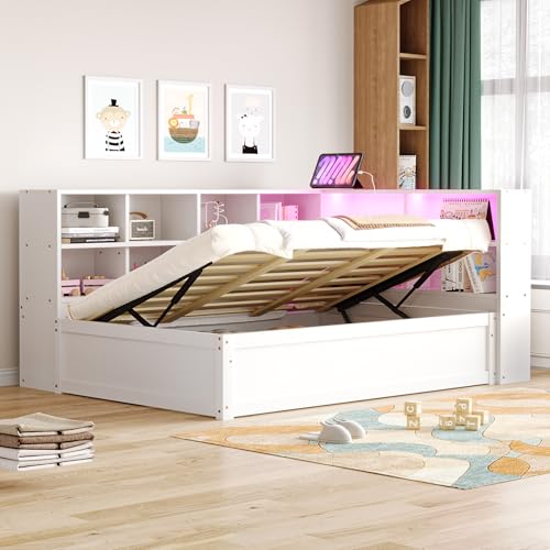 SACOOL Schlafsofa 90 * 200 mit Mehrfachsteckdose mit Mehreren Staufächern mit Lichtleiste hydraulisches Bett Massivholzbett Einzelbett multifunktionales Holzbett Weiß von SACOOL