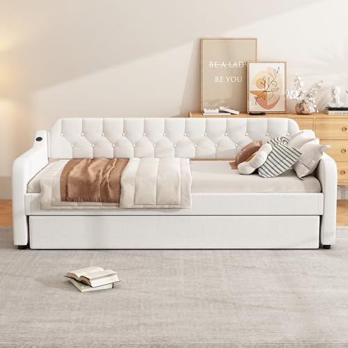 SACOOL Schlafsofa 90x200cm Tagesbett mit ausziehbarem Rollbett USB-Anschluss beige von SACOOL