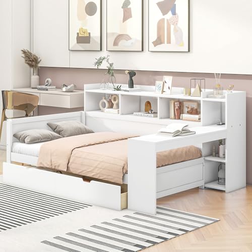 Schlafsofa 90 x 200 cm Ohne Matratze Weiß Mit Nachttischablage Untertischablage Steckdose USB-Anschluss 2 Schubladen Schreibtisch Spanplatte von SACOOL