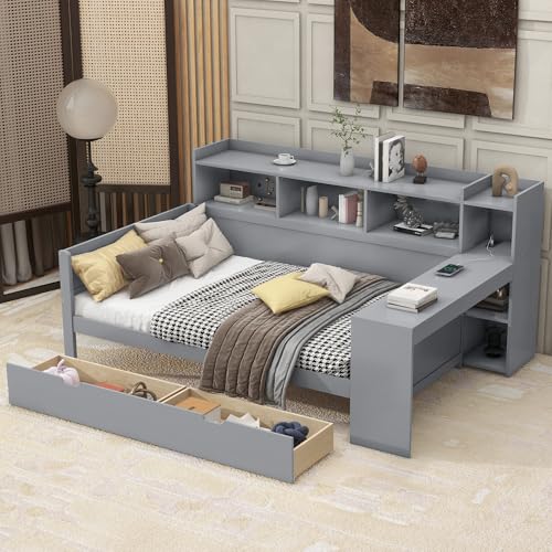 Schlafsofa Daybett 90 x 200 cm mit Nachttischablage Untertischablage Steckdose USB-Anschluss 2 Schubladen Schreibtisch ohne Matratze Spanplatte grau von SACOOL