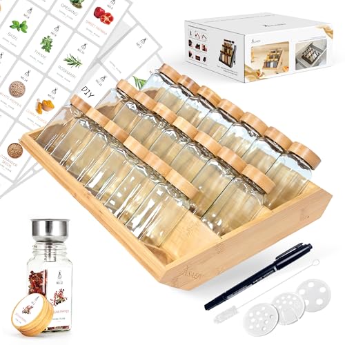 SAEIV Gewürzgläser Eckig mit 2-in-1 Bambus-Gewürzgläser Mit Regal (FCM®) – 21x120ml Gewürzdosen Set, 120 Etiketten,Gewürz Organizer Schublade,BPA-frei von SAEIV