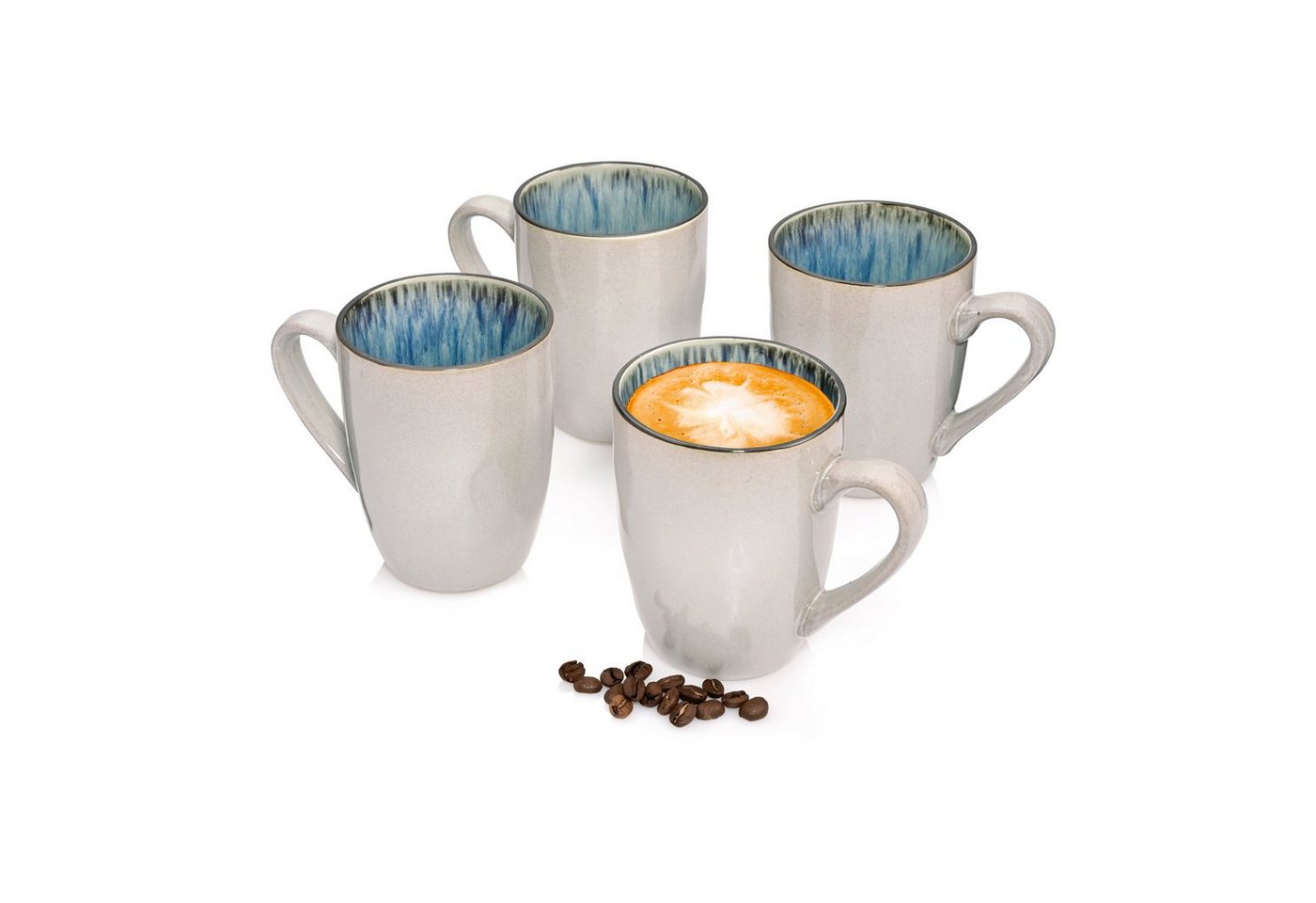 SÄNGER Becher Amalfi Kaffeebecher Set, Graue Außenfläche mit Blauem Farbverlauf, Steingut, 300 ml, handmade von SÄNGER