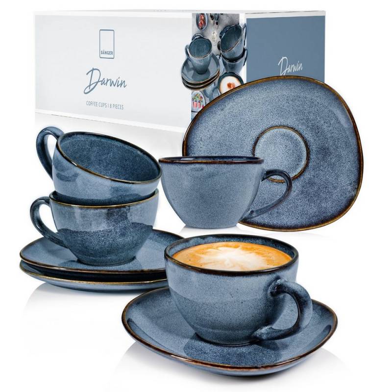 SÄNGER Kaffeeservice Darwin Kaffeetassen Set (8-tlg), 4 Personen, Steingut, Handmade, 300 ml, Blau von SÄNGER