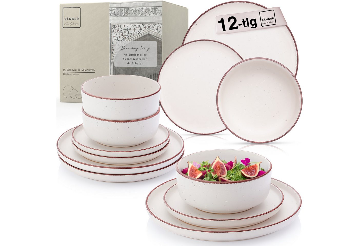 SÄNGER Geschirr-Set Bombay (12-tlg), 4 Personen, Steingut, Bombay Ivory, Handmade, Erweiterbar, VALUE COLLECTION von SÄNGER
