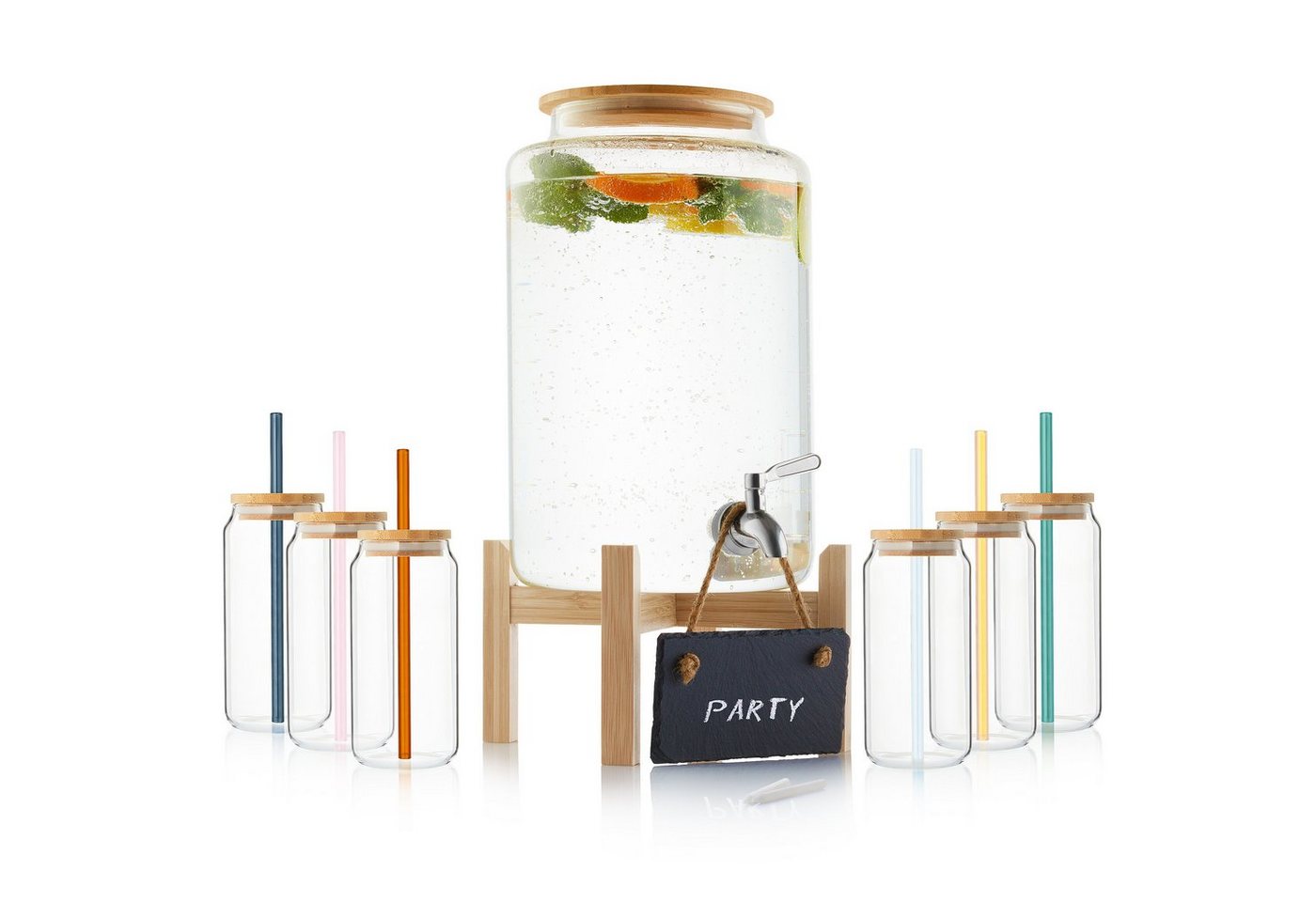 SÄNGER Getränkespender Set mit Holzständer, 6x Gläsern, 6x Strohhalmen, inkl. Zapfhahn, für heiße und gekühlte Getränke, 7,8 Liter von SÄNGER