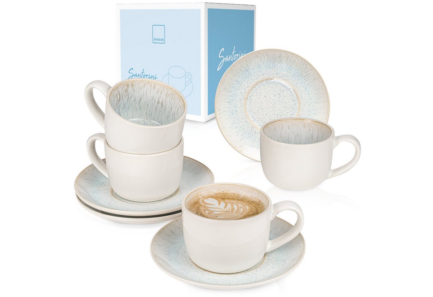 SÄNGER Kaffeeservice Santorini Kaffeetassen Set (8-tlg), 4 Personen, Steingut, Cremefarben mit Flieder Blauem Verlauf, Handmade von SÄNGER