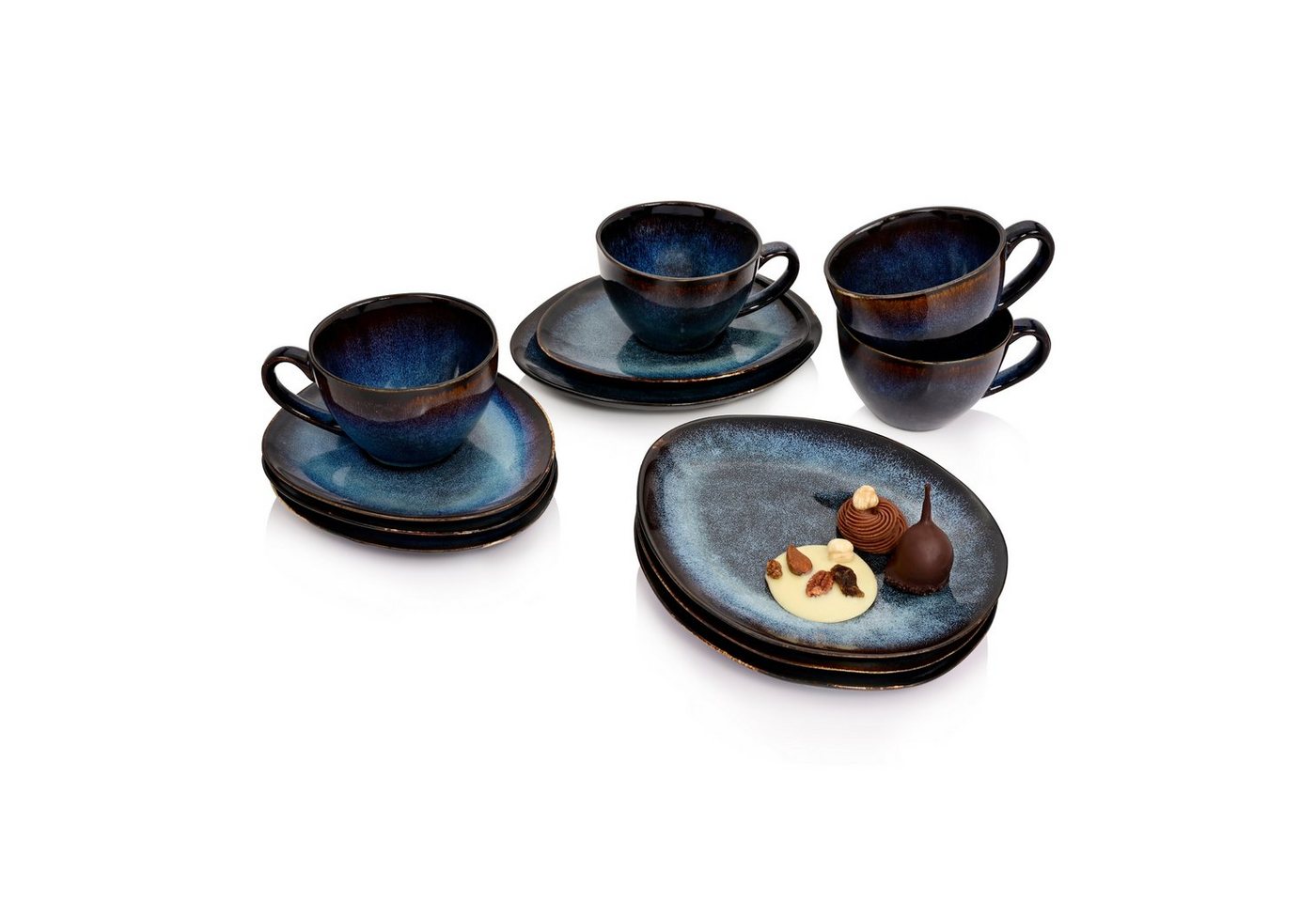 SÄNGER Kaffeeservice Tokio Kaffeetassen Set (12-tlg), 4 Personen, Steingut, Blau Schwarz, Handmade von SÄNGER