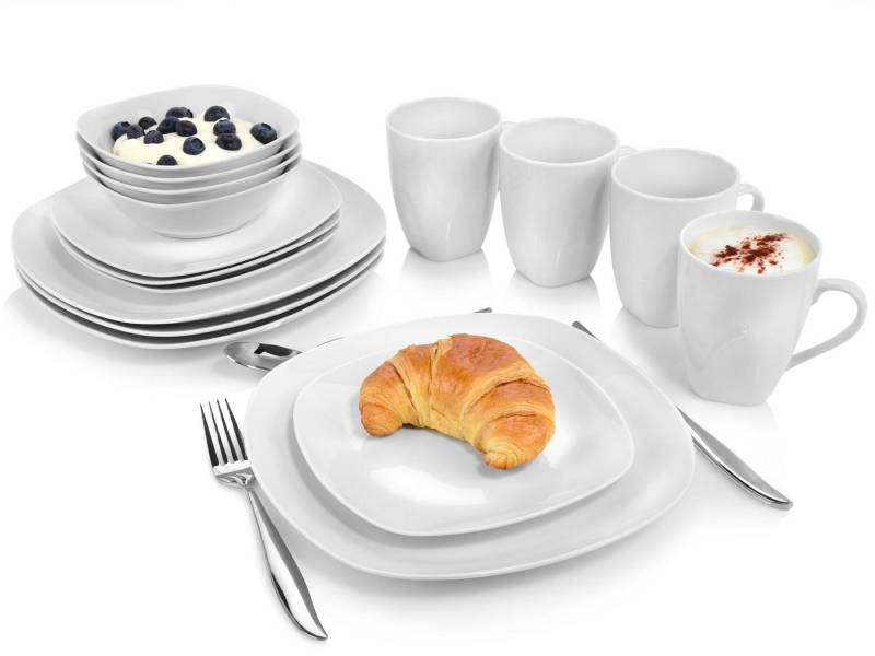 SÄNGER Kombiservice Bilgola Geschirrset, Weiß (16-tlg), 4 Personen, Porzellan, Spülmaschinengeeignet, Premium Collection von SÄNGER