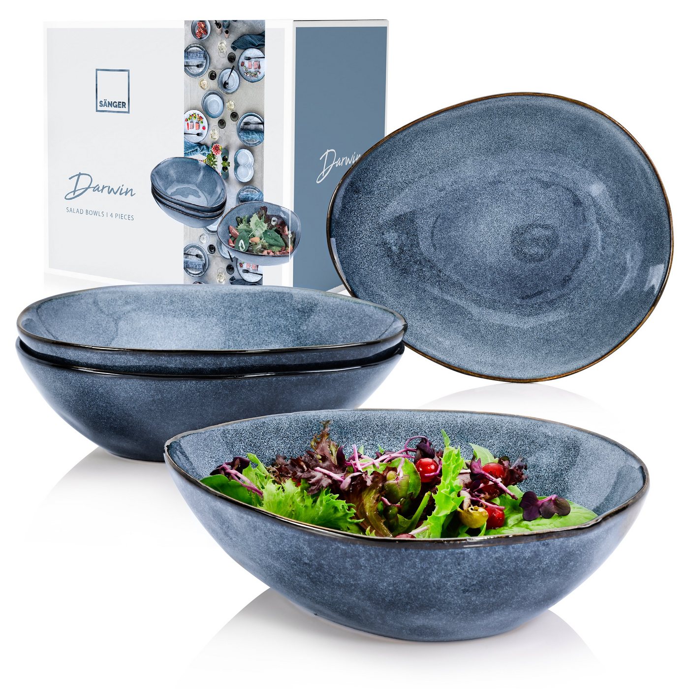 SÄNGER Salatschüssel Darwin Salatschalen Set, Steingut, (Set, 4-tlg), Handmade, 750 ml, Blau von SÄNGER