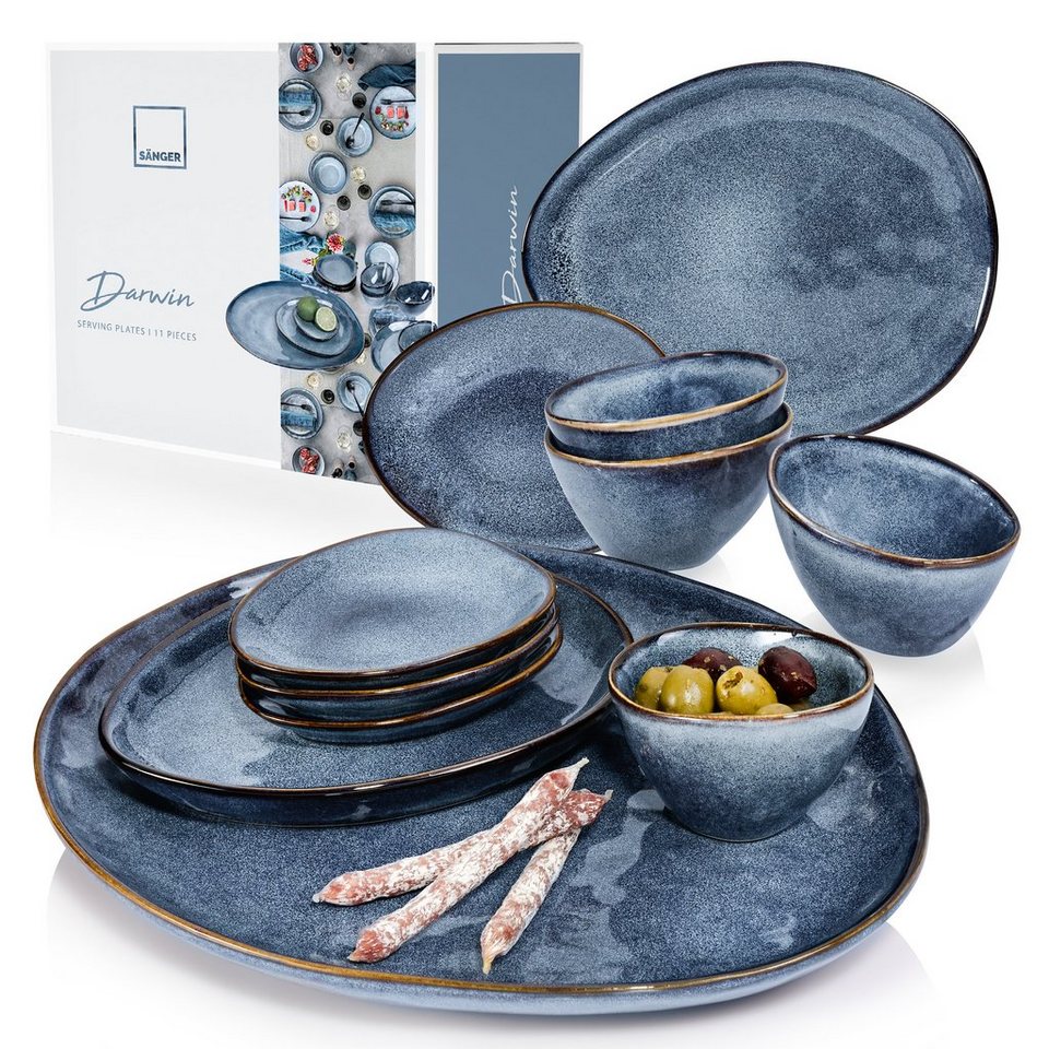 SÄNGER Servier-Set Darwin Servierplatten, Steingut, (Set, 11-tlg., 1x Servierplatte, 2x Dessertteller, 4x Dipschale, 4x Unterteller), Blau, Handmade von SÄNGER