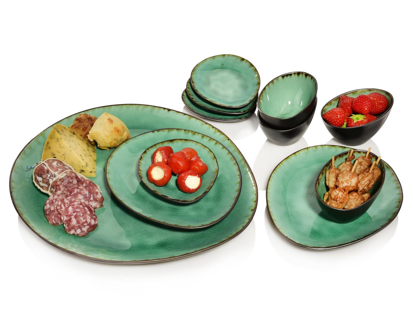 SÄNGER Servier-Set Palm Beach, Steingut, (Set, 11-tlg., 1x Servierplatte, 2x Dessertteller, 4x Dipschale, 4x Unterteller), spülmaschinengeeignet, erweiterbar von SÄNGER