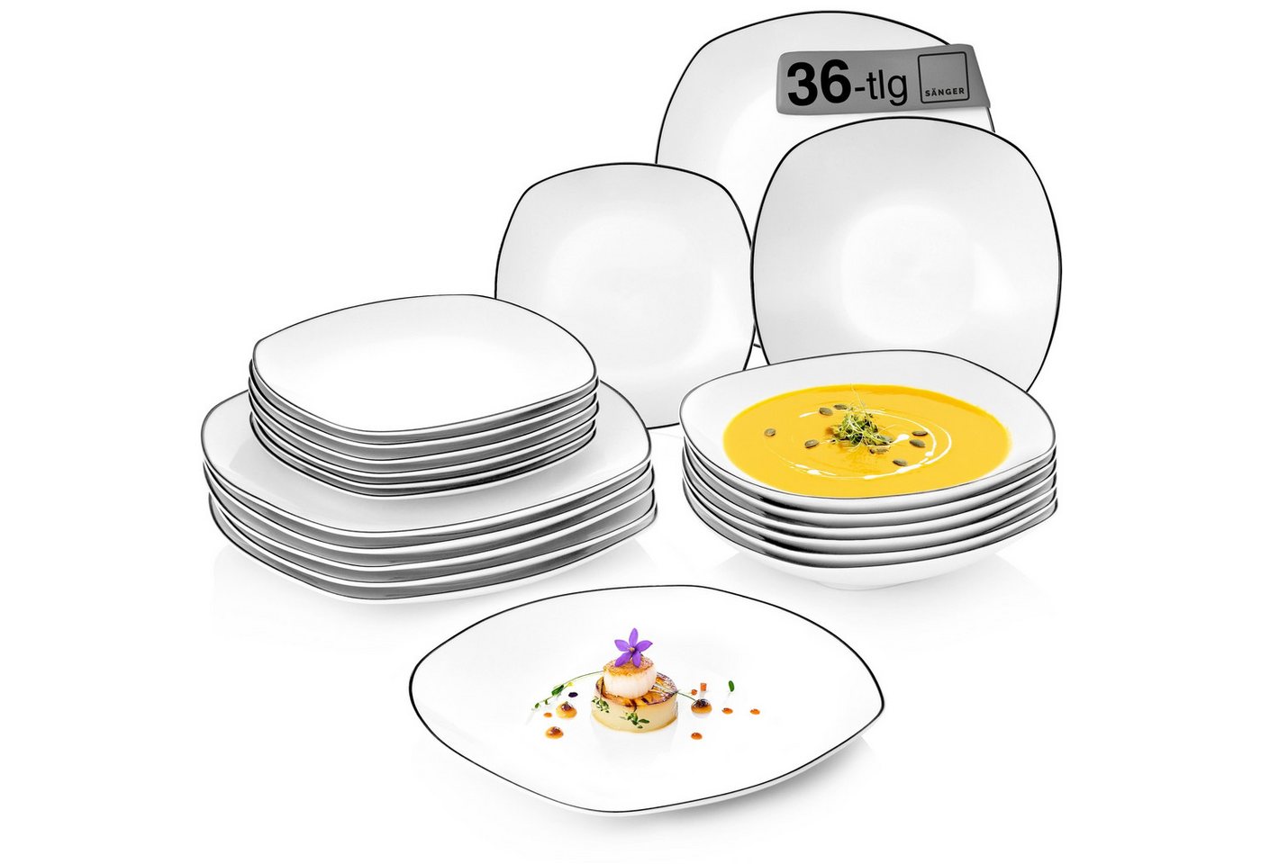 SÄNGER Tafelservice Bilgola Black Rim (36-tlg), 12 Personen, Porzellan, spülmaschinenfest, Premium Collection von SÄNGER