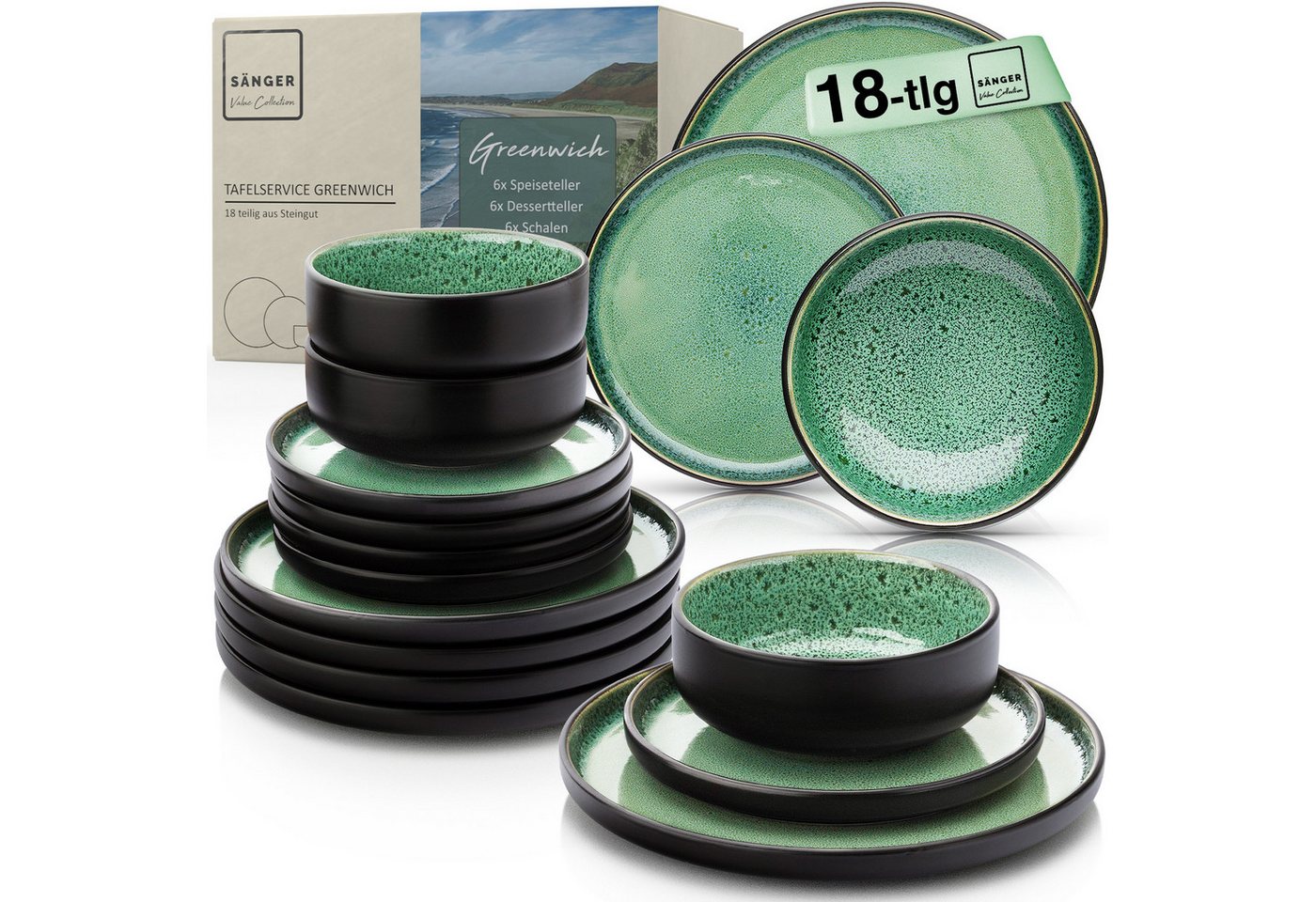 SÄNGER Tafelservice Greenwich Geschirrset (18-tlg), 6 Personen, Steingut, Greenwich, Handmade, Erweiterbar, VALUE COLLECTION von SÄNGER