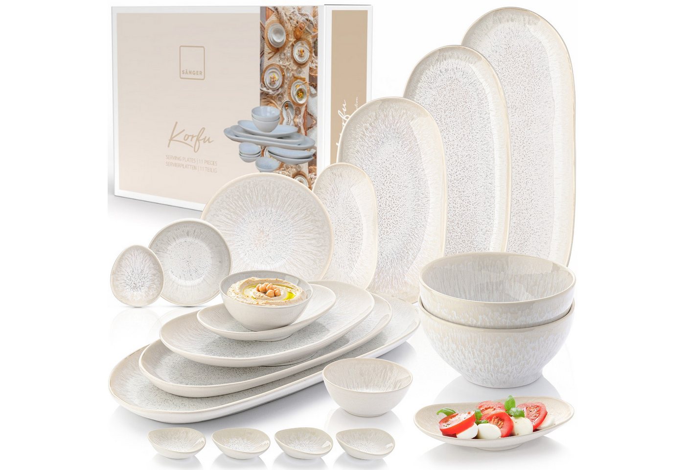 SÄNGER Tafelservice Korfu Geschirrset (15-tlg), 6 Personen, Steingut, Servierplatten Set mit Schalen, Creme, Handmade, Premium Collection von SÄNGER
