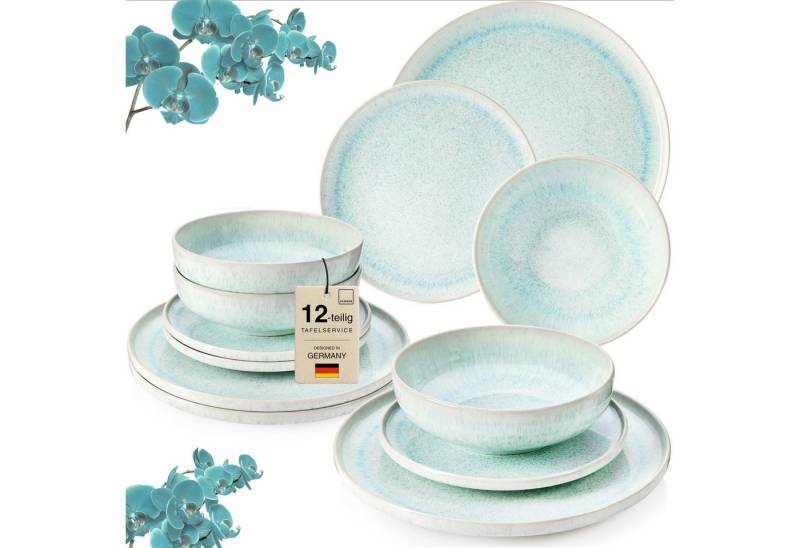 SÄNGER Tafelservice Paros Geschirrset (12-tlg), 4 Personen, Steingut, Blau Türkis, Handmade Premium Collection von SÄNGER