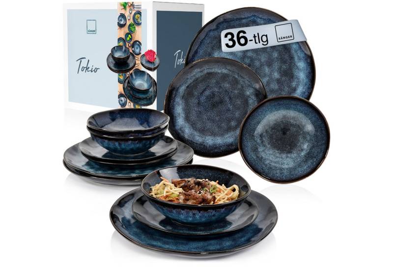 SÄNGER Tafelservice Tokio Geschirrset (36-tlg), 12 Personen, Steingut, Blau Schwarz, Handmade, Premium Collection von SÄNGER