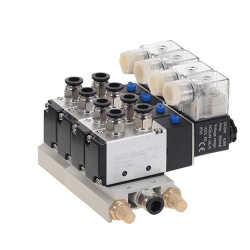 1 Stück 4-Wege 4V210-08 pneumatisches DC12V DC24V AC110 AC220 Dreifach-Magnetventil mit Basis-Steckanschluss-Schalldämpfer(4mm Fittings,DC 12V) von SAEVVCJWW