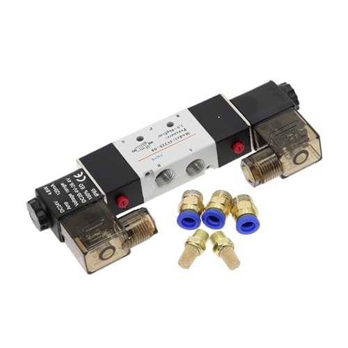 Doppelspule 4V220-08 Luftpneumatik-Magnetventil 5-Wege 2-Position 1/4" 1/8" DC12V DC24V AC110V AC220V mit Zubehör Schalldämpfer(PC6mm Fittings,DC 24V) von SAEVVCJWW